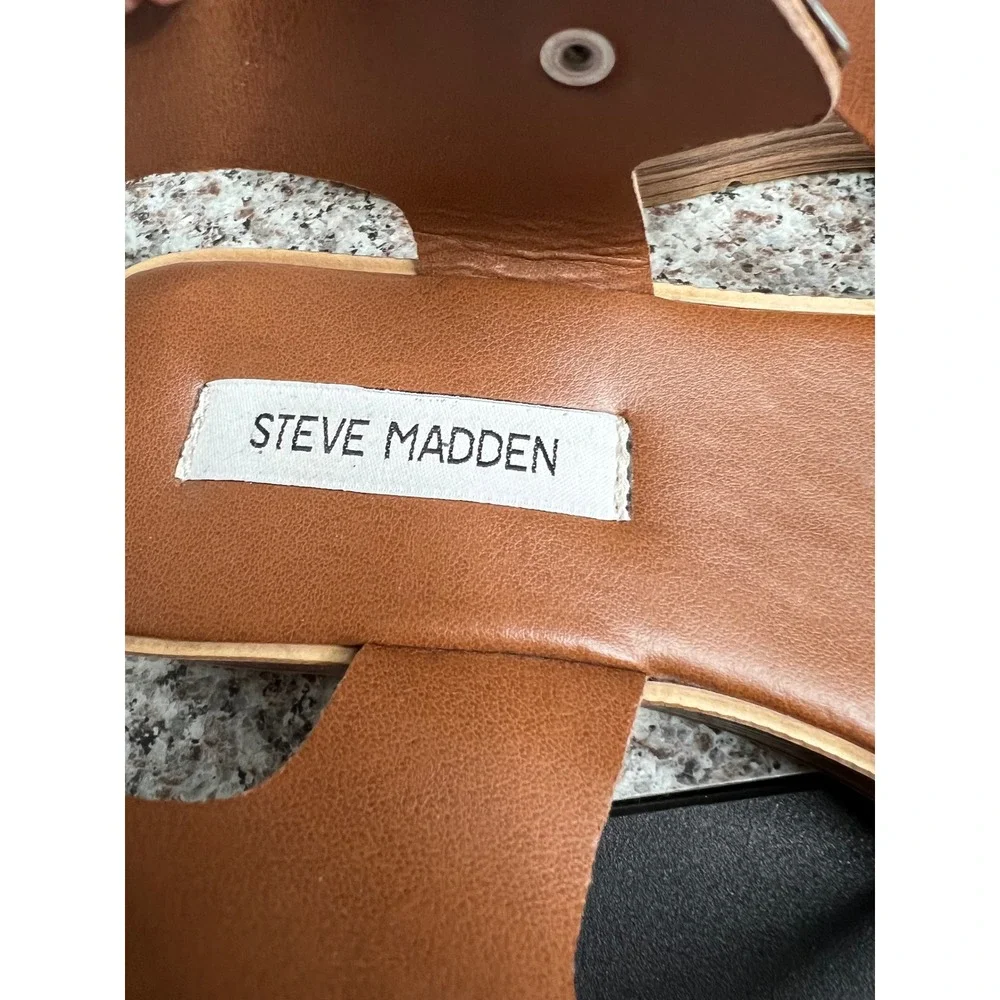 Steve‎ Madden Womens Cognac Brown Leather Platform Wedge Buckle Sandals Size 9